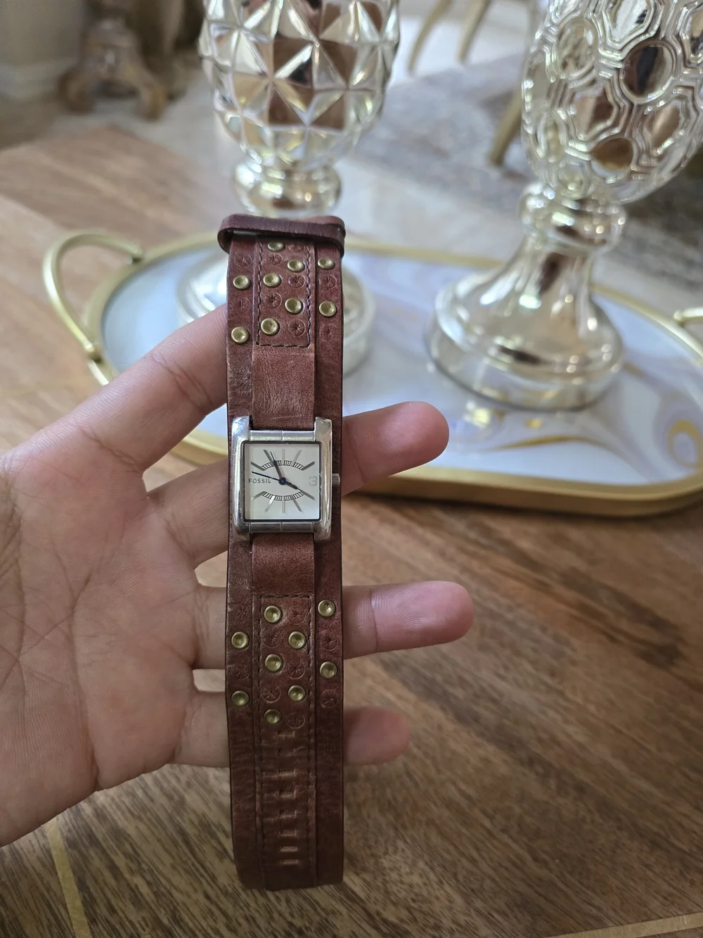 Fossil Women's Brown Studded Leather Cuff Watch